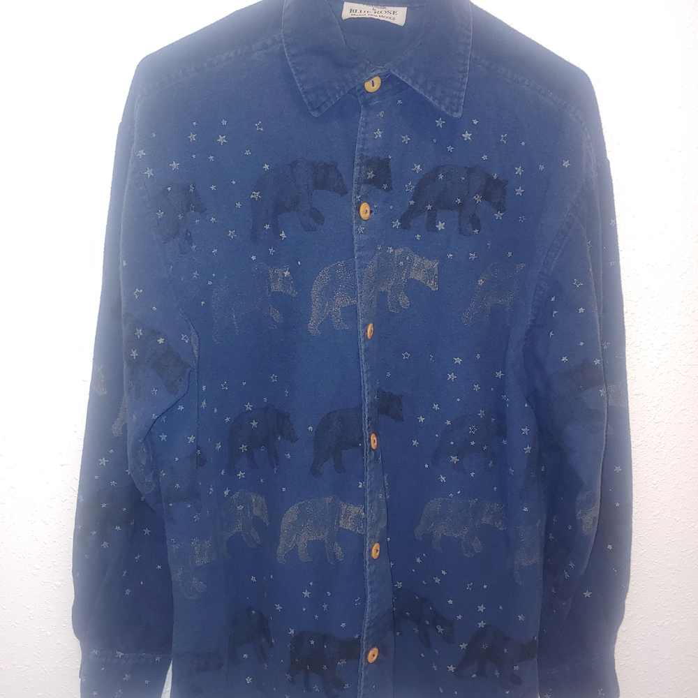 Blue Button-Up Shirt with Bear Pattern